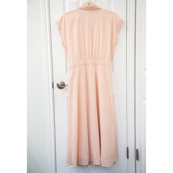 Loft Pink Striped Seersucker Midi Pocket Shirtdress with Pockets, size 12 - Picture 9 of 10
